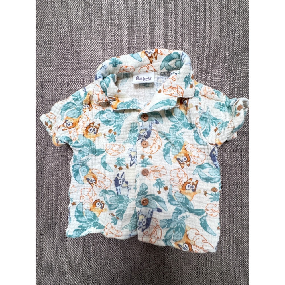 Bluey Bingo Baby Boys Tropical Cotton Gauze Button Down Shirt 3-6M White Teal